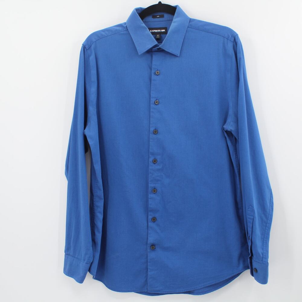 Express 1MX Slim Fitted Button Up Long Sleeve Shirt Blue Stretch Medium 15-15.5